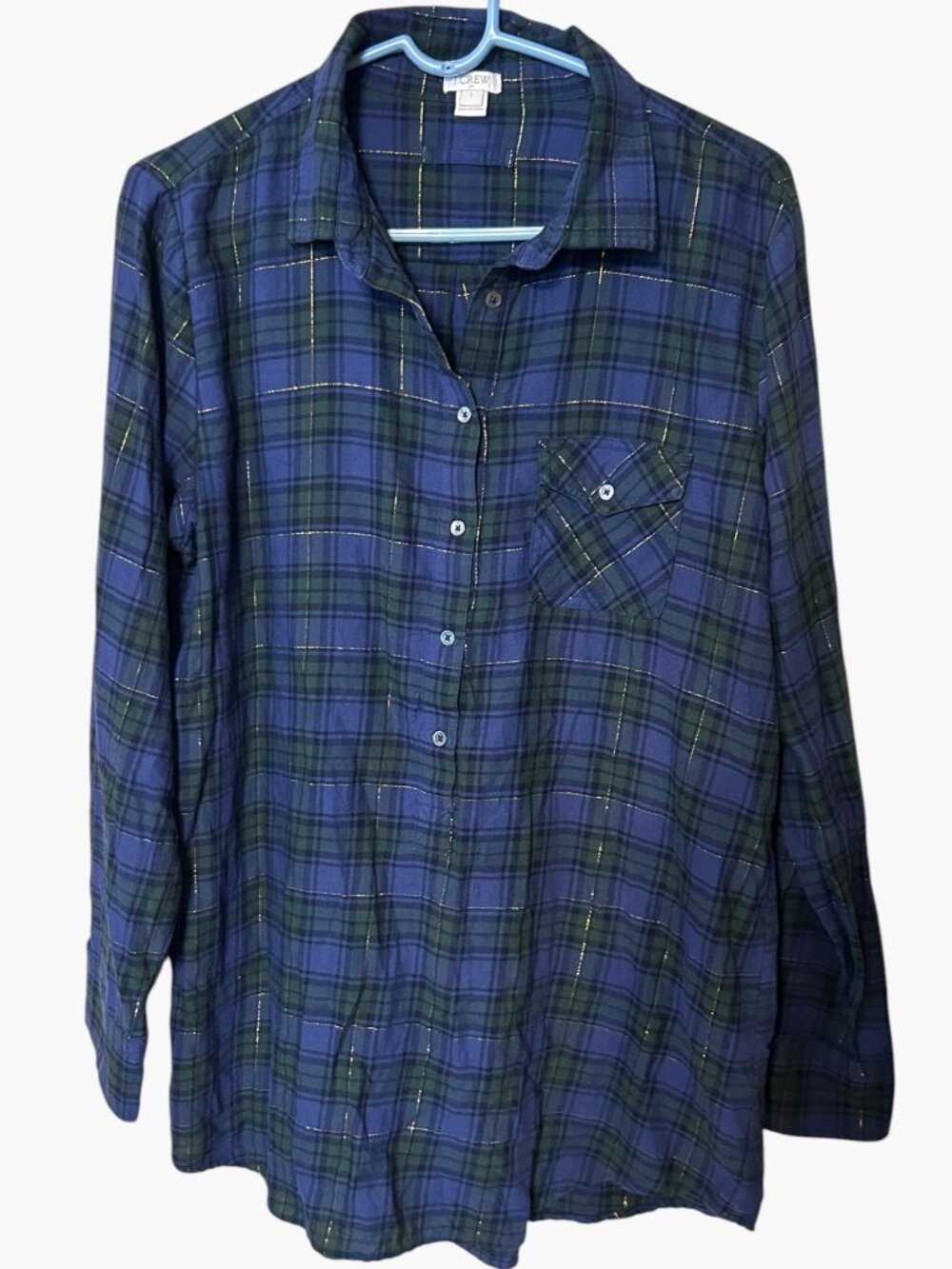 J.Crew Women’s Large Black Watch Plaid Popover Shirt Gold Metallic